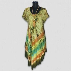 Vintage Y2K Kaftan Dress Boho Tie Dye Rayon Multicolor Medium/Large